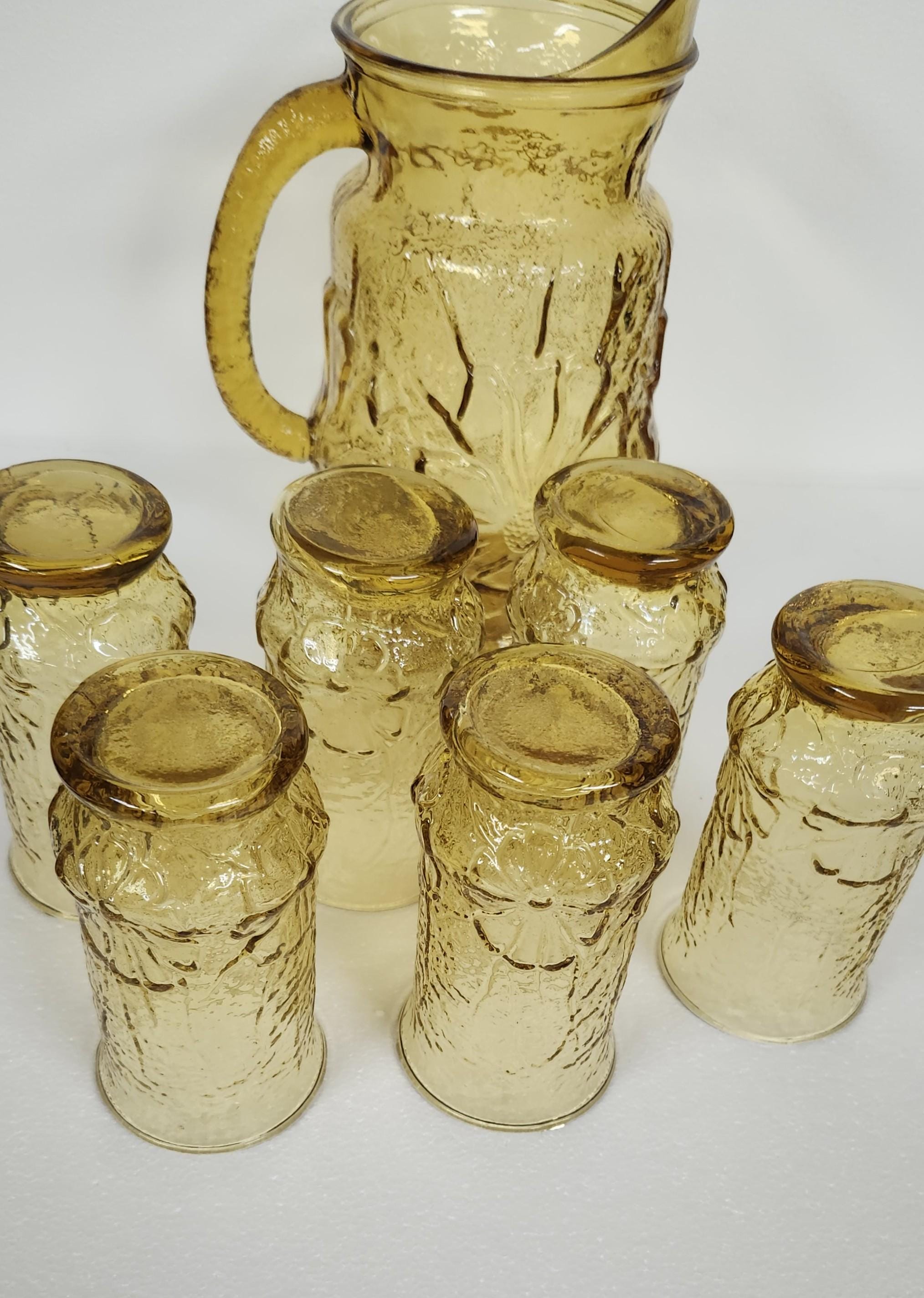 Vintage Anchor Hocking 7 Piece Set Amber Rainflower Pitcher Set