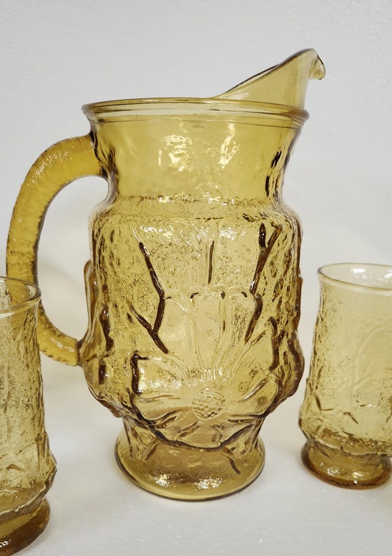 Vintage Anchor Hocking 7 Piece Set Amber Rainflower Pitcher Set