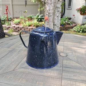 Enamelware Coffee Pot in Blue Speckled Enamel with a Red Bail Handle, Blue Graniteware Coffee Pot, Cowboy Coffee, Big Blue Enamel Coffee Pot