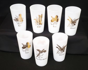 Vintage 7 Piece Set of Anchor Hocking Fire King "Game Birds" Milk Glass Tumblers