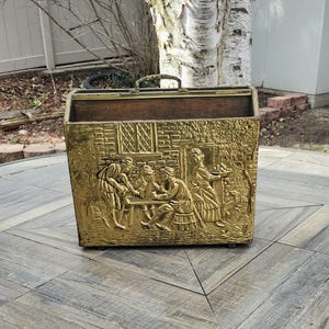 Magazine Rack, Vintage Victorian Era Hammered Brass Embossed Magazine Rack, Vintage Magazine Rack
