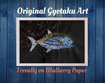 Handmade Fish Print ~ Japanese Gyotaku Painting ~ One of a Kind ~ Coastal Decor ~ Fishing Gift ~ Original Fine Art ~ Lifesize Trevally 18-17