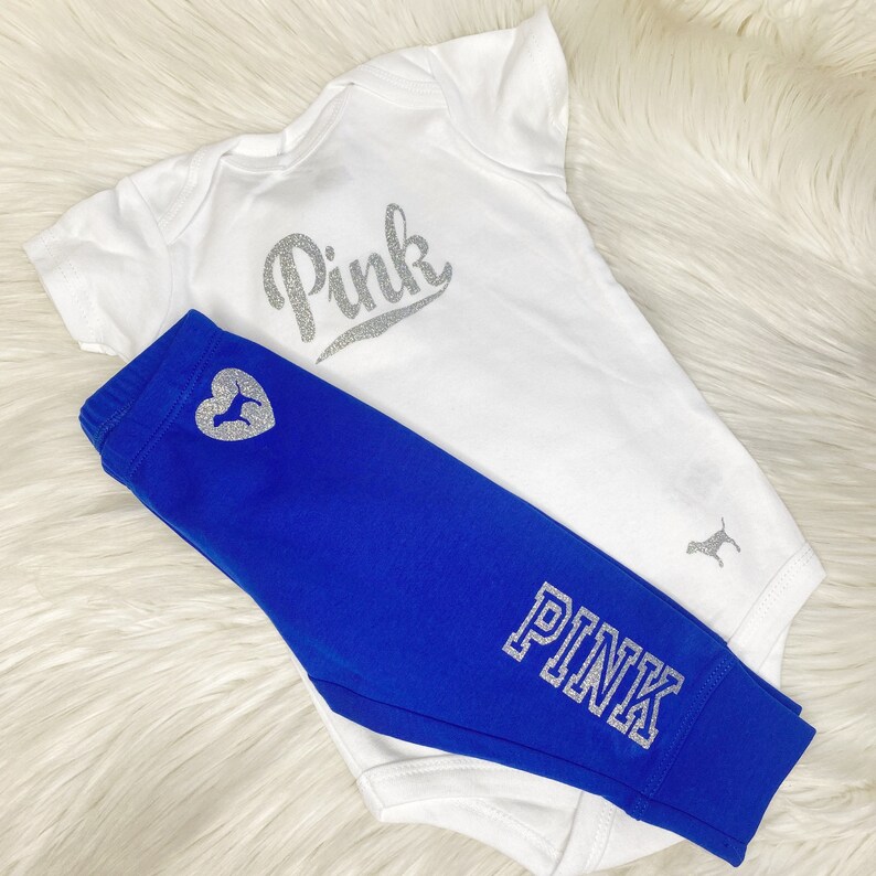 Coming Home Outfit Baby Girl PINK Inspired Jogger Outfit Blue Joggers and Gold Glitter PINK Inspired Outfit