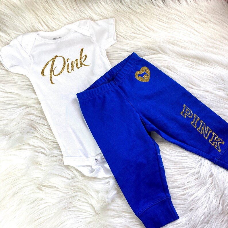 Coming Home Outfit Baby Girl PINK Inspired Jogger Outfit Blue Joggers and Gold Glitter PINK Inspired Outfit