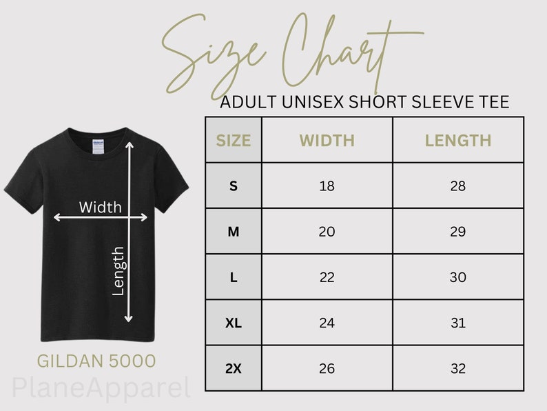 Puede incluir: Tabla de tallas para camisetas de manga corta unisex para adultos. La tabla muestra las tallas S, M, L, XL y 2X con las medidas de ancho y largo correspondientes en pulgadas.