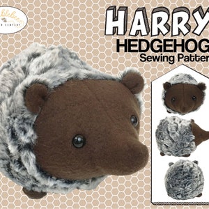 May include: A sewing pattern for a plush hedgehog toy named Harry. The pattern includes instructions for making a brown hedgehog with a gray and white fur-like fabric for the spines. The pattern is illustrated with images of the finished toy in different poses.
