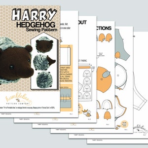May include: A sewing pattern for a Harry Hedgehog plush toy. The pattern includes instructions and fabric pieces for the hedgehog's body, head, and nose. The pattern is from the Humblebee Pattern Company.