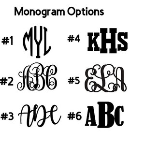 May include: Six different monogram options are shown. The first option is a circle with the letters MYL inside. The second option is a cursive script with the letters ABC. The third option is a cursive script with the letters ADE. The fourth option is the letters KHS in a bold block font. The fifth option is a cursive script with the letters ELI. The sixth option is the letters ABC in a bold block font.