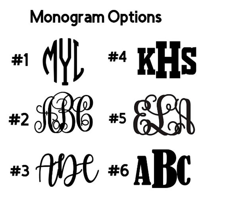 May include: Six different monogram options are shown. The first option is a circle with the letters MYL inside. The second option is a cursive script with the letters ABC. The third option is a cursive script with the letters ADE. The fourth option is the letters KHS in a bold block font. The fifth option is a cursive script with the letters ELI. The sixth option is the letters ABC in a bold block font.