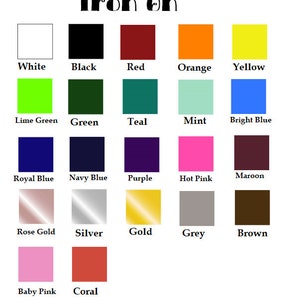 May include: A chart of 18 different color swatches, labeled with their names in black text. The colors include white, black, red, orange, yellow, lime green, green, teal, mint, bright blue, royal blue, navy blue, purple, hot pink, maroon, rose gold, silver, gold, grey, brown, baby pink, and coral.