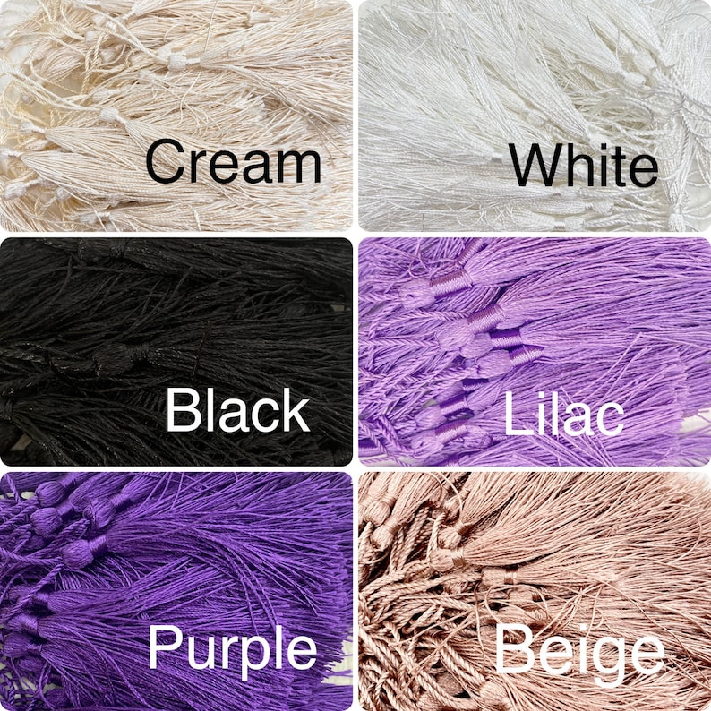 Puede incluir: Surtido de flecos de diferentes colores, incluyendo crema, blanco, negro, lila, morado y beige. Los flecos est&aacute;n hechos de hilos suaves y sedosos y son perfectos para agregar un toque de elegancia a cualquier proyecto.
