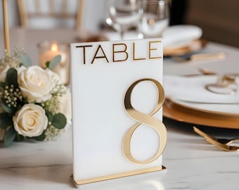 White Acrylic Table Numbers with Gold Mirror – Modern Wedding Reception Decor, Bridal Shower, Baby Shower, Event Centerpiece, Luxury Sign