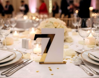 Números de mesa de acrílico blanco con espejo dorado: decoración moderna para bodas, despedidas de soltera, baby shower, centro de mesa para eventos, letrero de lujo