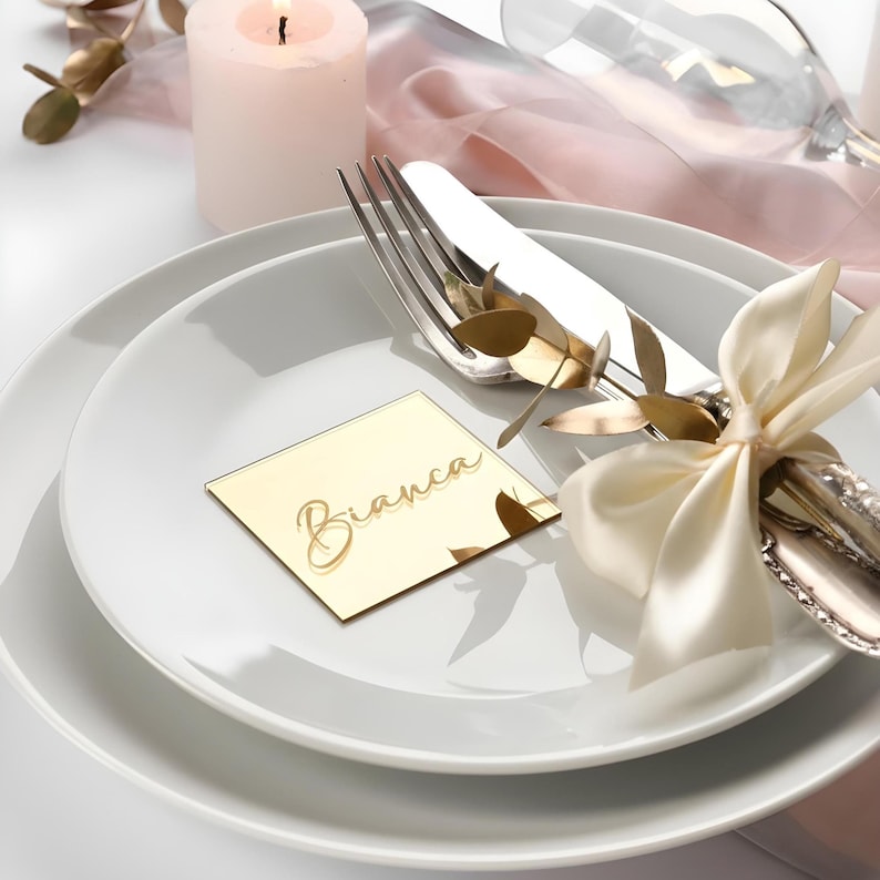 Acrylic Mirror Square Place Cards, Personalized Name Tags for Wedding, Event Table Decor, Bridal Shower & Party Keepsakes