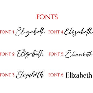 May include: A white background displays the word "FONTS" in red, with six different font styles of the name "Elizabeth" in black. Each font is labelled with a number and the word "FONT" in red.