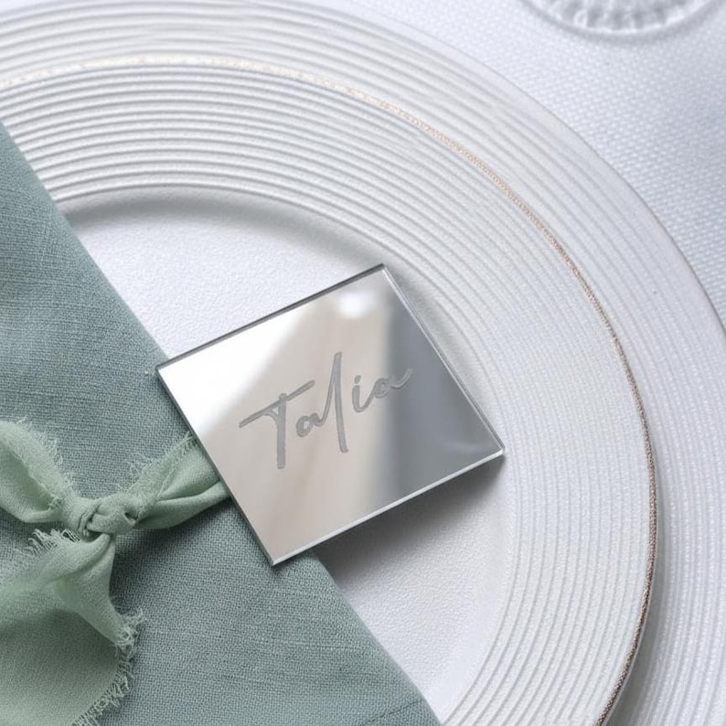 Acrylic Mirror Square Place Cards, Personalized Name Tags for Wedding, Event Table Decor, Bridal Shower & Party Keepsakes