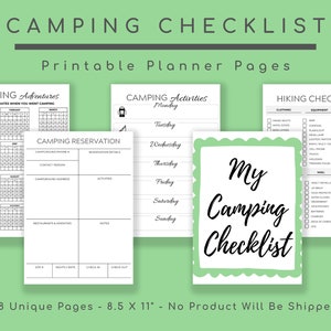 May include: A printable camping checklist with 18 unique pages. The checklist includes sections for camping adventures, activities, reservations, hiking, and a general checklist. The pages are designed in a minimalist style with black text on a white background.