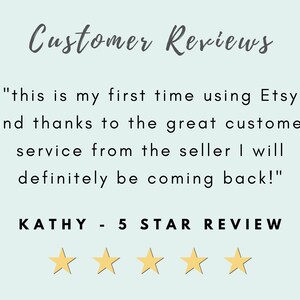K&ouml;nnte beinhalten: Eine Kundenbewertung auf Etsy mit einer F&uuml;nf-Sterne-Bewertung. Die Bewertung lautet: "Dies ist mein erstes Mal, dass ich Etsy nutze, und dank des gro&szlig;artigen Kundenservice des Verk&auml;ufers werde ich auf jeden Fall wiederkommen!" - KATHY - 5 STERNE