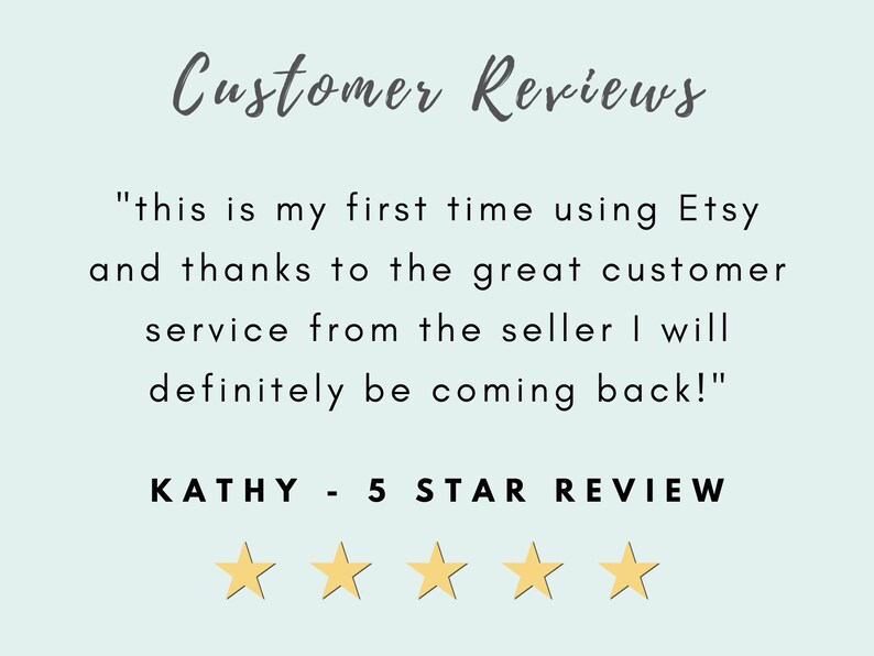 K&ouml;nnte beinhalten: Eine Kundenbewertung auf Etsy mit einer F&uuml;nf-Sterne-Bewertung. Die Bewertung lautet: "Dies ist mein erstes Mal, dass ich Etsy nutze, und dank des gro&szlig;artigen Kundenservice des Verk&auml;ufers werde ich auf jeden Fall wiederkommen!" - KATHY - 5 STERNE