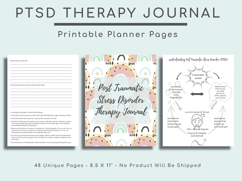 K&ouml;nnte beinhalten: Druckbarer PTSD-Therapie-Tagebuch mit 48 einzigartigen Seiten. Das Cover zeigt ein farbenfrohes Regenbogen-Design mit dem Titel "Posttraumatisches Belastungsst&ouml;rung-Therapie-Tagebuch". Das Tagebuch enth&auml;lt Seiten zum Verst&auml;ndnis von PTSD, Bew&auml;ltigungsstrategien und zum Schaffen eines sicheren Ortes.