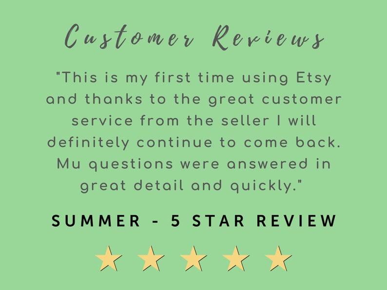 May include: Customer Reviews: "This is my first time using Etsy and thanks to the great customer service from the seller I will definitely continue to come back. My questions were answered in great detail and quickly." SUMMER - 5 STAR REVIEW