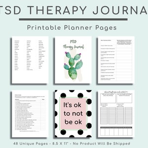 K&ouml;nnte beinhalten: Druckbare Planerseiten f&uuml;r ein PTSD-Therapie-Tagebuch mit einer Kaktus-Illustration und dem Text "PTSD Therapy Journal" und "It's ok to not be ok". Das Tagebuch enth&auml;lt 48 einzigartige Seiten und misst 8,5 x 11 Zoll.