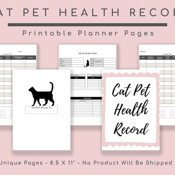 Cat Health Record, Pet Planner, Veterinary Visits, Wormer Given, Vet Organizer, Vaccine Logbook, Feline Fecal, Records