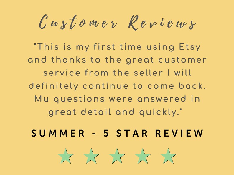 Puede incluir: Gr&aacute;fico de rese&ntilde;as de clientes sobre un fondo amarillo. El texto "Customer Reviews" est&aacute; escrito en una fuente de escritura. Una cita de un cliente elogia el servicio al cliente del vendedor. La rese&ntilde;a es de "SUMMER - 5 STAR REVIEW" con cinco iconos de estrellas verdes.