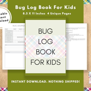 Peut inclure: Un carnet d'observation des insectes imprimable pour les enfants avec un motif écossais coloré. Le carnet mesure 8,5 pouces par 11 pouces et comporte 4 pages uniques. Le texte "Bug Log Book for Kids" est affiché en grandes lettres audacieuses.