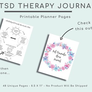 K&ouml;nnte beinhalten: Druckbare Planerseiten f&uuml;r ein PTSD-Therapietagebuch. Die Seiten beinhalten ein Diagramm, das PTSD erkl&auml;rt, und ein florales Design mit den Worten "Posttraumatisches Stress-Tagebuch".