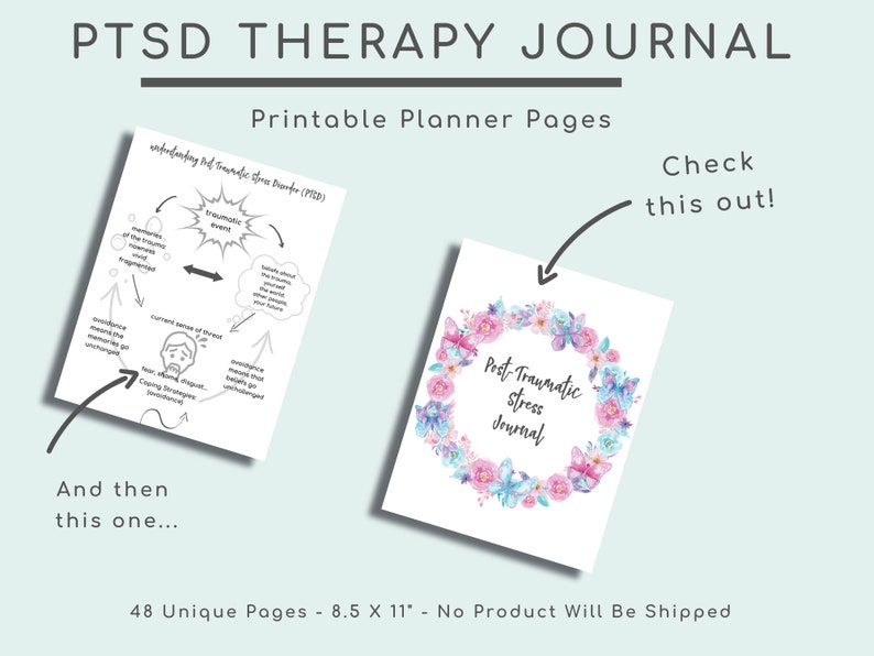 K&ouml;nnte beinhalten: Druckbare Planerseiten f&uuml;r ein PTSD-Therapietagebuch. Die Seiten beinhalten ein Diagramm, das PTSD erkl&auml;rt, und ein florales Design mit den Worten "Posttraumatisches Stress-Tagebuch".