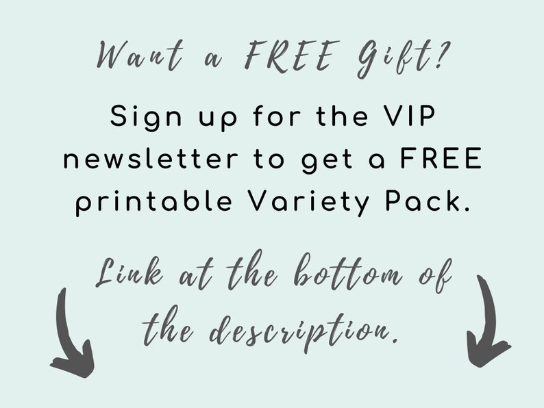 K&ouml;nnte beinhalten: Text auf hellblauem Hintergrund, der lautet: "M&ouml;chten Sie ein GRATIS-Geschenk? Melden Sie sich f&uuml;r den VIP-Newsletter an, um ein GRATIS-druckbares Variety Pack zu erhalten. Link am Ende der Beschreibung."