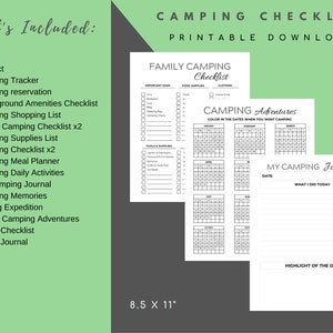May include: Printable camping checklist with a black and white design. The checklist includes a cover, contact information, camping tracker, reservation, campground amenities, shopping list, family camping checklist, supplies list, meal planner, daily activities, journal, memories, fishing expedition, family camping adventures, hiking checklist, and hiking journal. The checklist is 8.5 inches by 11 inches.