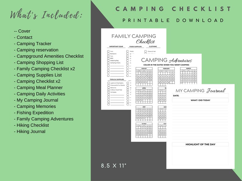 May include: Printable camping checklist with a black and white design. The checklist includes a cover, contact information, camping tracker, reservation, campground amenities, shopping list, family camping checklist, supplies list, meal planner, daily activities, journal, memories, fishing expedition, family camping adventures, hiking checklist, and hiking journal. The checklist is 8.5 inches by 11 inches.