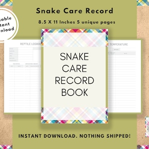 May include: Printable snake care record book with a colorful plaid design. The book is 8.5 x 11 inches and has 5 unique pages. The cover features the text "Snake Care Record Book".
