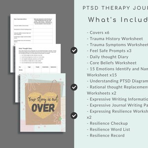 K&ouml;nnte beinhalten: Ein digitales druckbares Journal f&uuml;r die PTSD-Therapie. Das Cover zeigt ein rosa-braunes Herz mit dem Text "Your Story is not OVER". Das Journal enth&auml;lt Arbeitsbl&auml;tter, Aufforderungen und Aktivit&auml;ten, um bei der Bew&auml;ltigung von PTSD-Symptomen und dem Aufbau von Resilienz zu helfen.