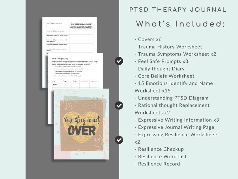 K&ouml;nnte beinhalten: Ein digitales druckbares Journal f&uuml;r die PTSD-Therapie. Das Cover zeigt ein rosa-braunes Herz mit dem Text "Your Story is not OVER". Das Journal enth&auml;lt Arbeitsbl&auml;tter, Aufforderungen und Aktivit&auml;ten, um bei der Bew&auml;ltigung von PTSD-Symptomen und dem Aufbau von Resilienz zu helfen.