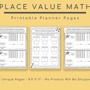 Puede incluir: Un conjunto de p&aacute;ginas de planificador imprimibles para matem&aacute;ticas de valor posicional. Las p&aacute;ginas incluyen ejercicios para construir y escribir n&uacute;meros, con secciones para la forma expandida y ecuaciones. Las p&aacute;ginas miden 8,5 x 11 pulgadas.