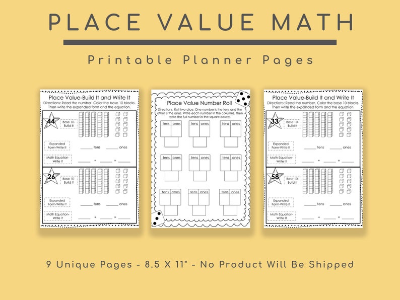 Puede incluir: Un conjunto de p&aacute;ginas de planificador imprimibles para matem&aacute;ticas de valor posicional. Las p&aacute;ginas incluyen ejercicios para construir y escribir n&uacute;meros, con secciones para la forma expandida y ecuaciones. Las p&aacute;ginas miden 8,5 x 11 pulgadas.