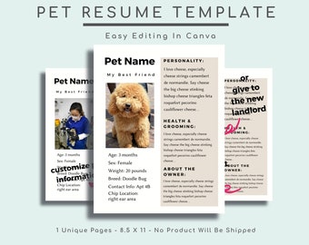 Digital Pet Resume Template Canva Editable Bio (Digital Download)