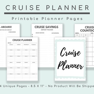 May include: Printable cruise planner pages with a black and white design. The pages include sections for "All Aboard!" with a pre-cruise to-do list and checklist, "Cruise Savings Deposit Tracker", "Cruise Planner" with a weekly schedule, and "Cruise Countdown" with a calendar.