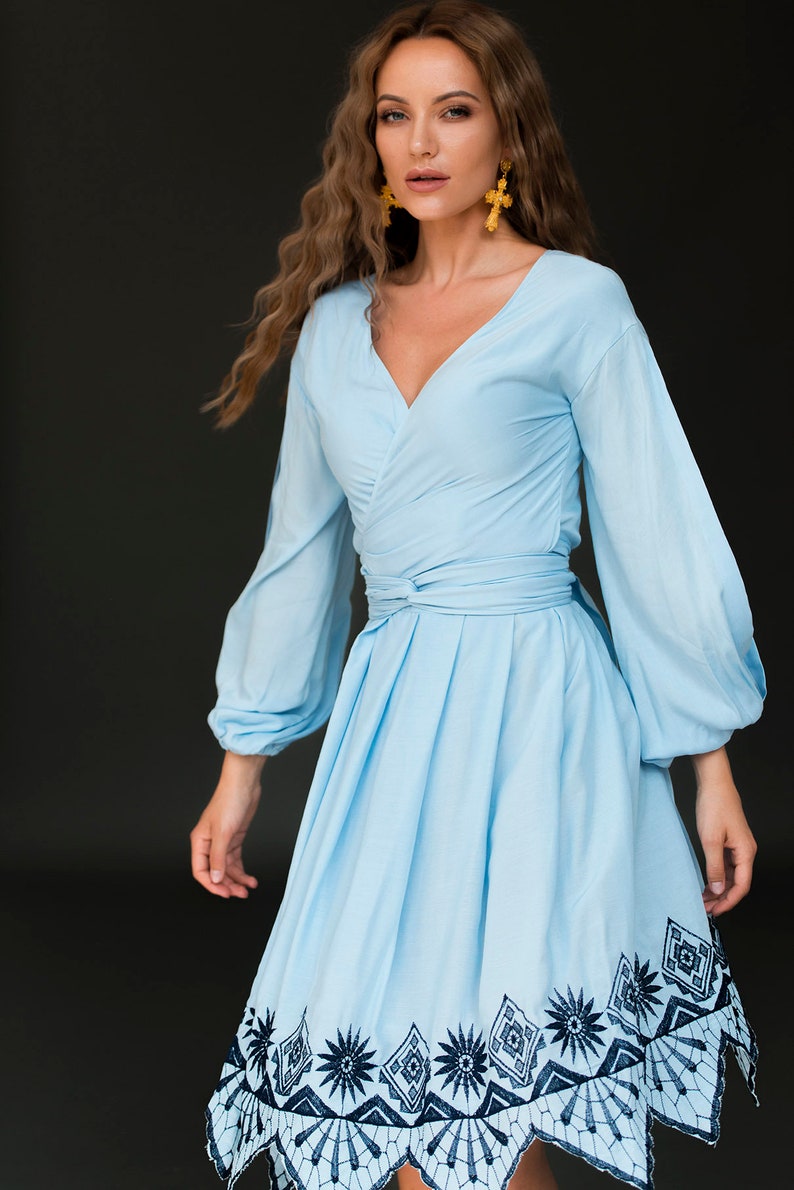 Light Blue Wrap-over Dress LILLE Long Sleeve Wrap Dress | Etsy