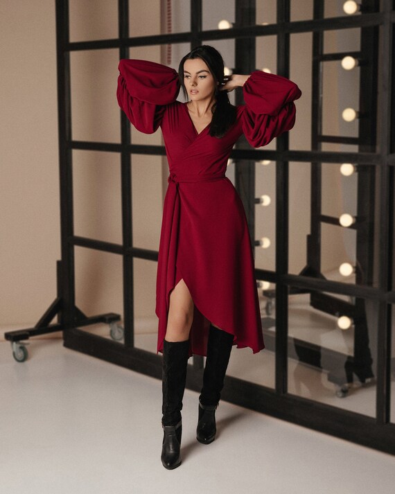 Bordeaux Long Wrap Dress Nice Red Wedding Guest Dress Etsy
