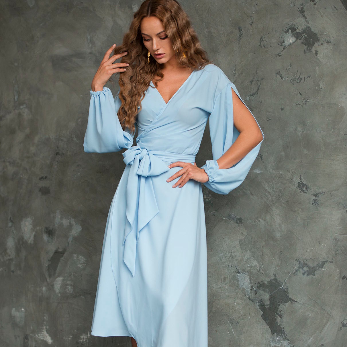 Light Blue Wrap-over Dress RENE Blue Elegant Dress White | Etsy