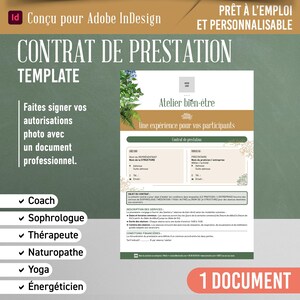 May include: A digital service contract template for wellness professionals, featuring a white document with green and tan accents, botanical illustrations, and text fields for contact details, service descriptions, and financial terms.