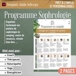 Può includere: Un modello digitale per un programma di sofrologia, che presenta un programma di due settimane con attività quotidiane mattutine e serali, illustrazioni botaniche, un ritratto circolare e intestazioni tra cui Programme Sophrologie e 2 PAGES.