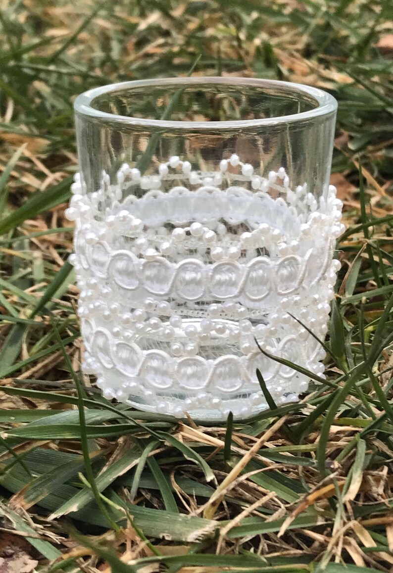 6 Votive Holder Ivory lace beads Glass Votive Candle Holder Etsy