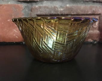 Vintage Iridescent Blue Carnival Glass Marigold Basket Weave Bowl Sherbert