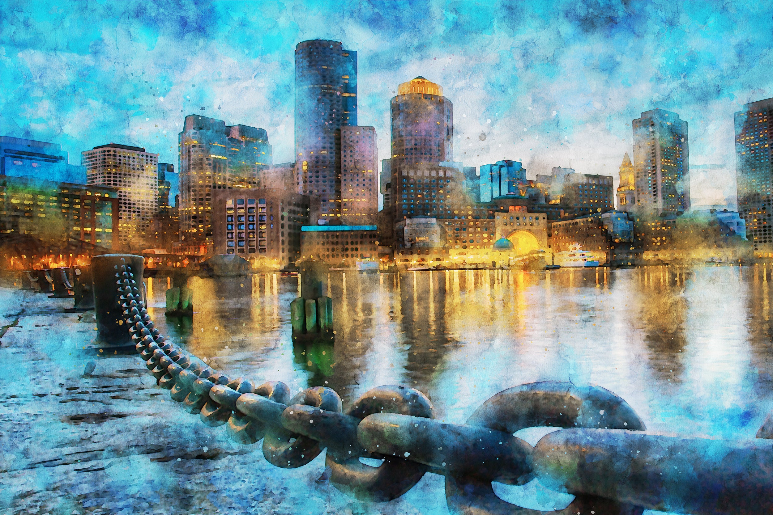 Boston watercolor, Boston wall art, Boston Canvas watercolor, Boston Print, Bos
