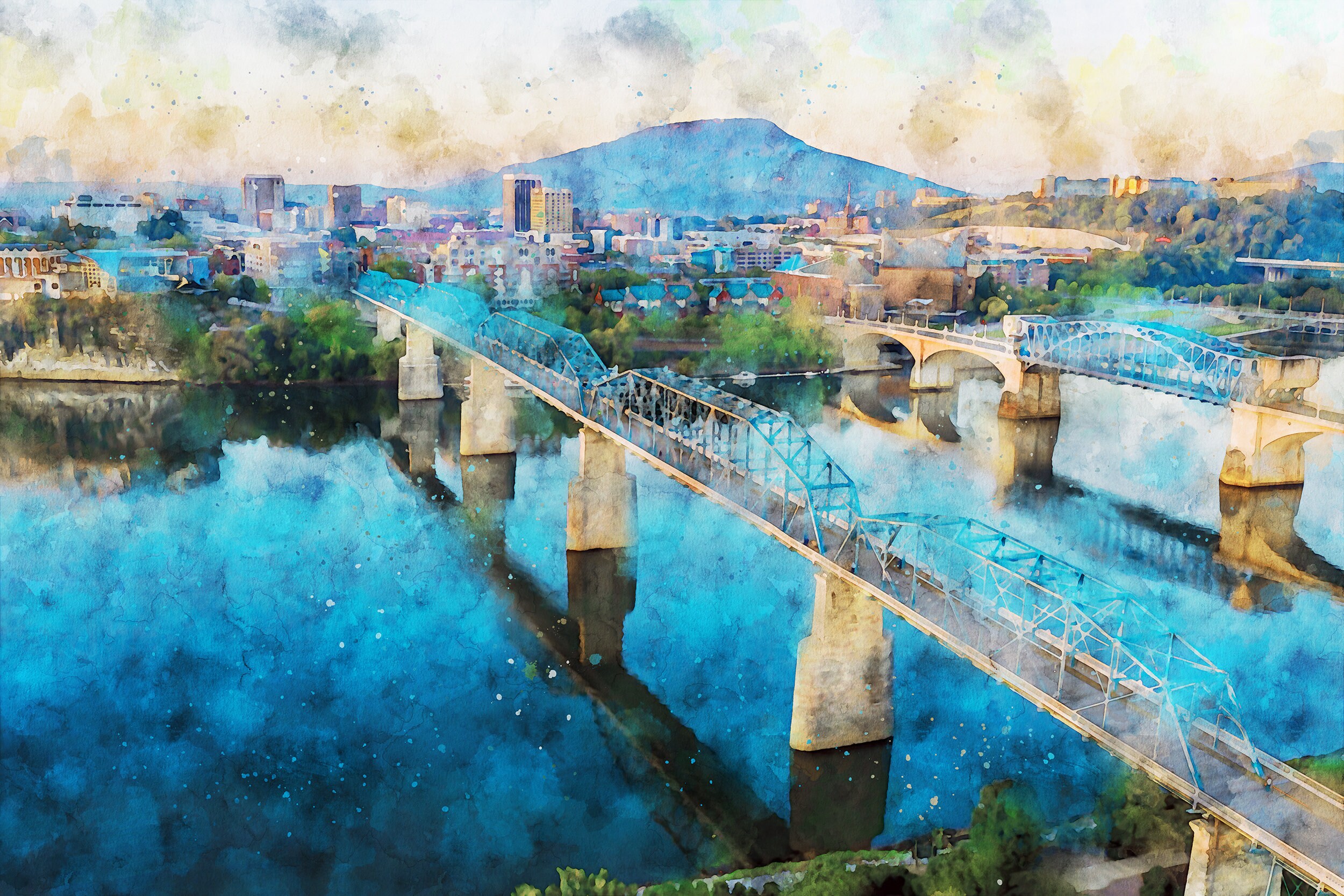 Acuarela Chattanooga Tennessee, arte mural Chattanooga, lona Chattanooga wate - Imagen 4 de 10
